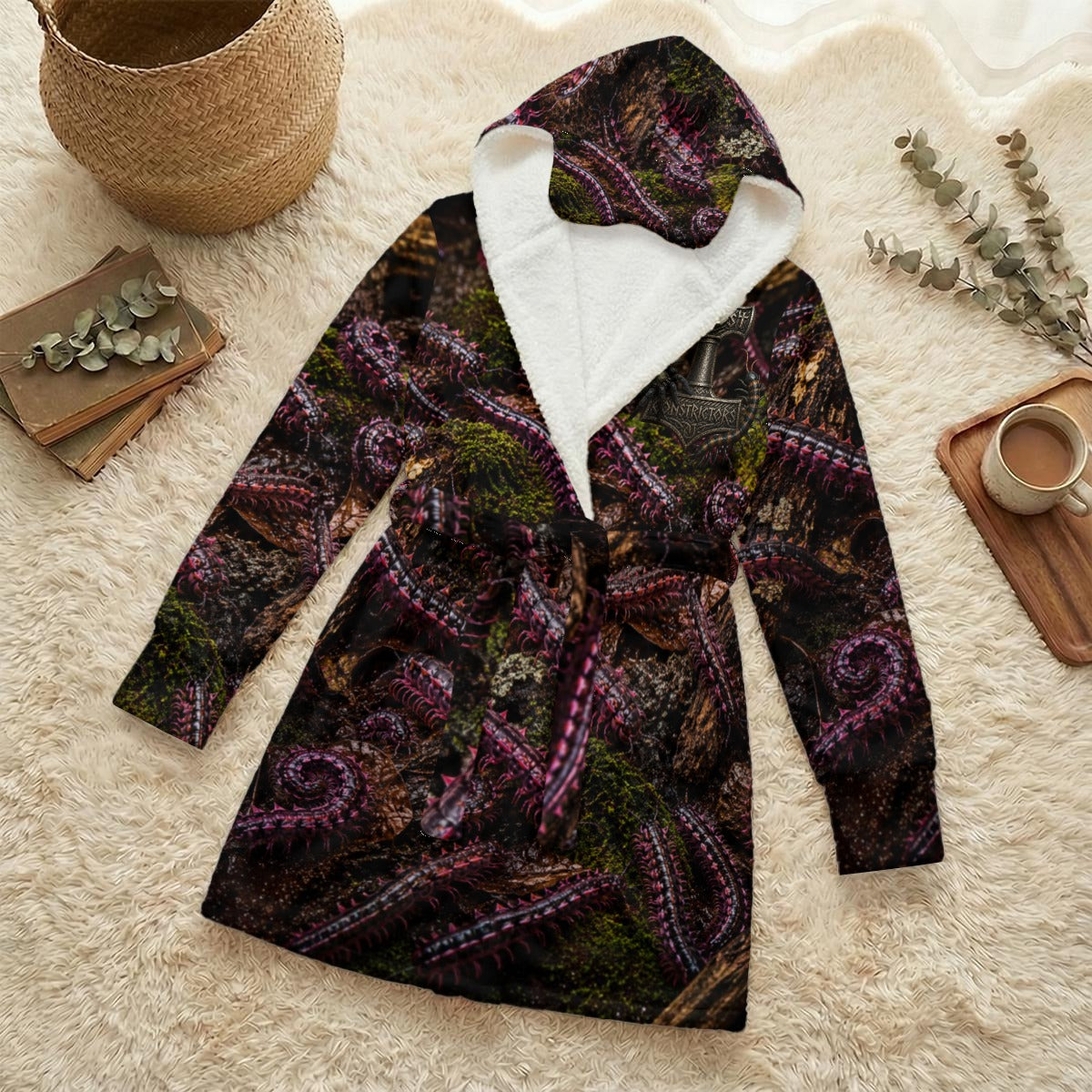 All-Over Print Unisex Flannel Hooded Robe With Eye Mask